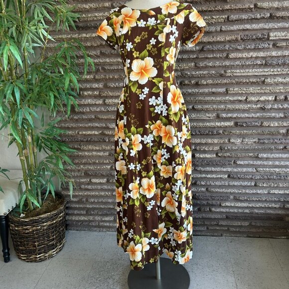 Ui- Maikai Vintage 60s Hawaiian Hibiscus Floral Barkcloth Tiki Dress Draped Back - Picture 6 of 10